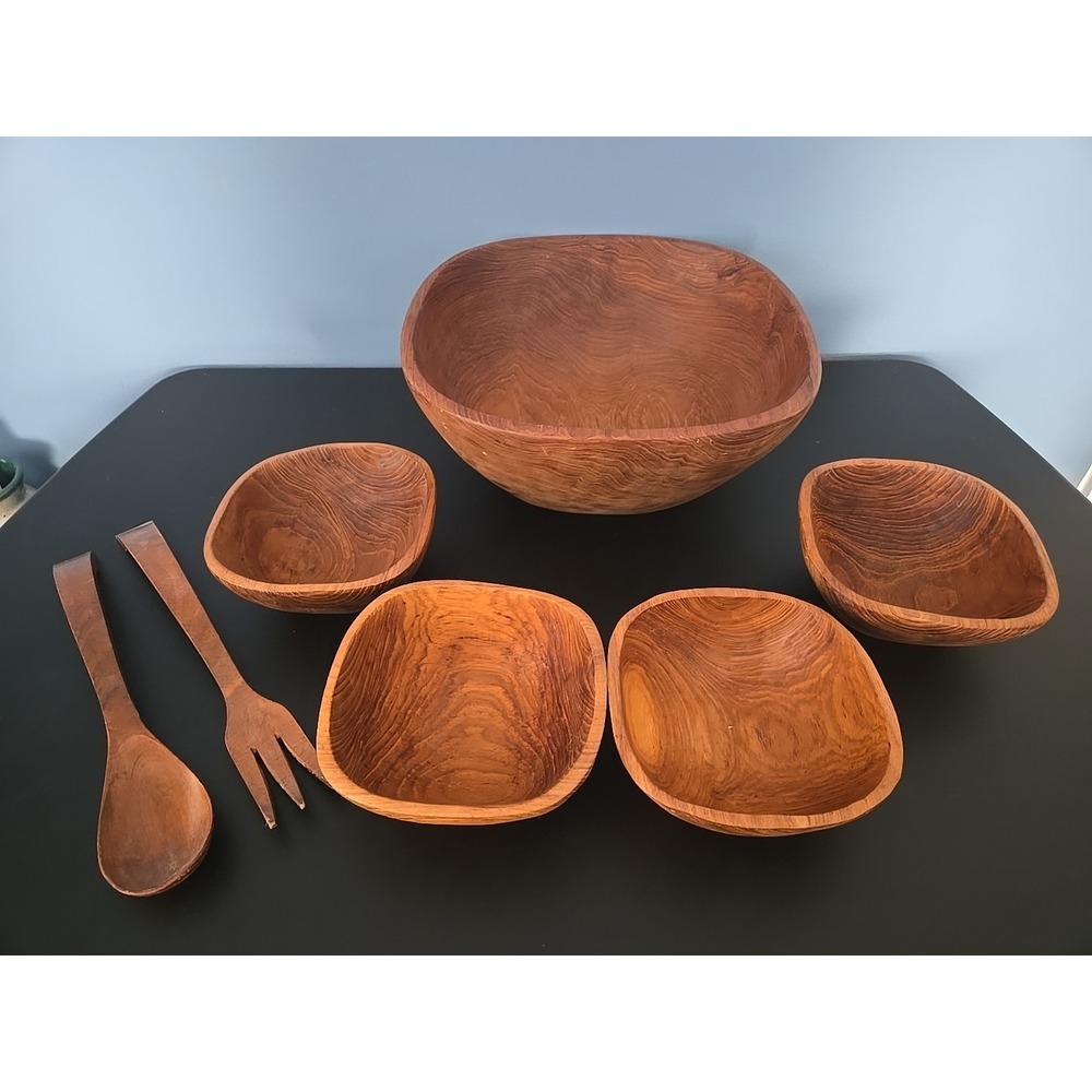Vintage Goodwood Genuine‎ Teak Wood Salad Bowl  Utensils Set Of  7 Thailand